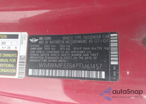 2007 Mini Cooper из США, поврежденный, VIN WMWMF33547TU61457